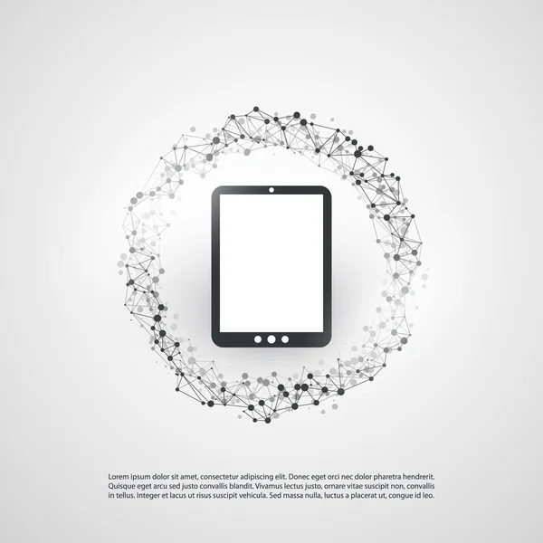Abstrakcja chmury obliczeniowej i globalnej sieci połączeń Concept Design z cyfrowego tabletu, bezprzewodowe urządzenie mobilne, przezroczyste geometrycznych siatki — Wektor stockowy