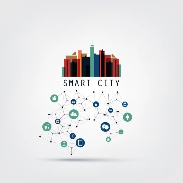 Buntes Smart-City-Design-Konzept mit Symbolen - digitale Netzwerkverbindungen, technologischer Hintergrund — Stockvektor