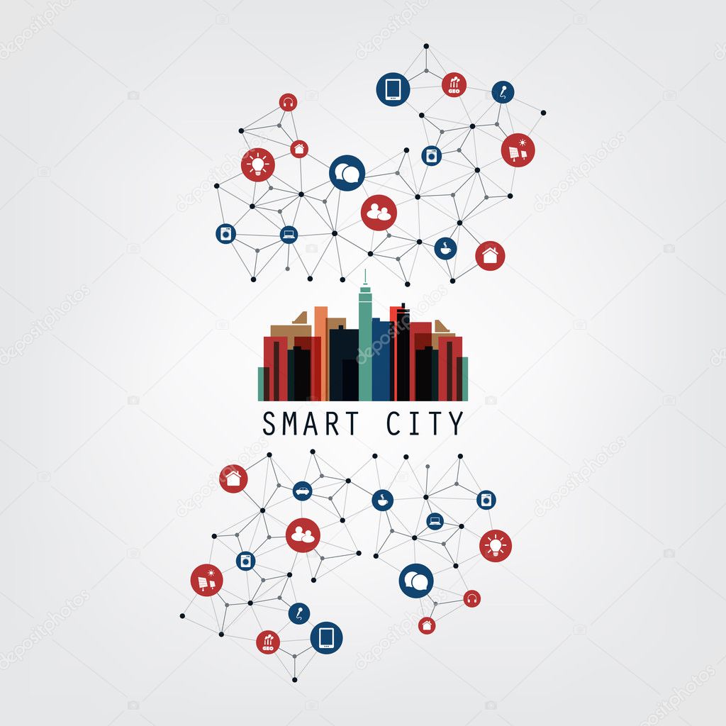 Colorful Smart City Design Concept with Icons - Digital Network Connections, Technology Background
