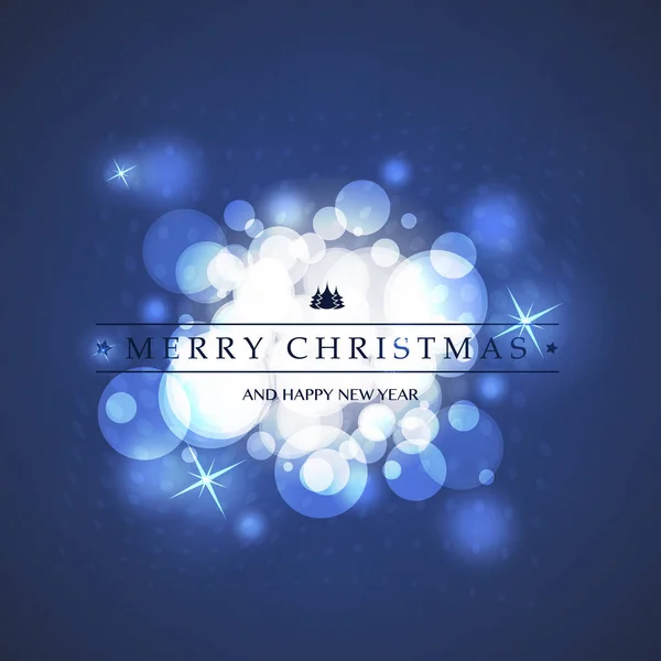 Blauwe en witte Happy Holidays, Merry Christmas wenskaart met Label op een sprankelende onscherpe achtergrond — Stockvector