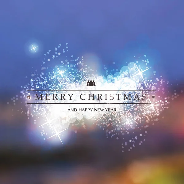 カラフルな幸せな休日、メリー クリスマスと輝くぼかした背景にラベルと新年のグリーティング カード — ストックベクタ