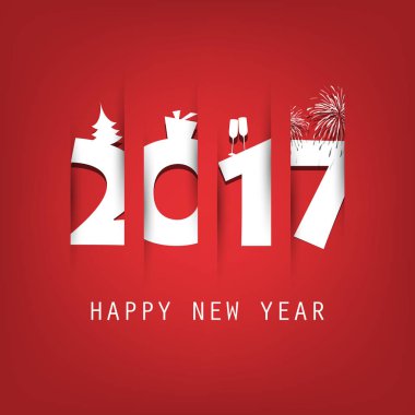 Basit kırmızı ve beyaz yeni yıl kartı, kapak veya arka plan tasarım şablonu ile Noel ağacı, hediye kutusu, içme gözlük ve havai fişek simgeler - 2017
