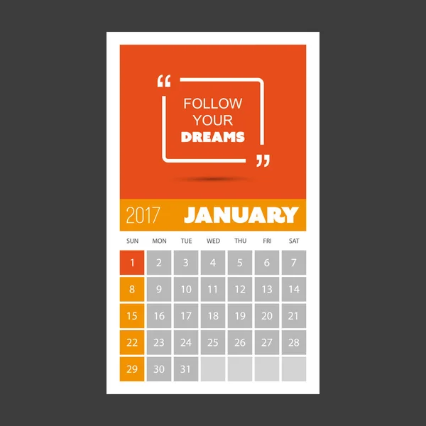 Siga sus sueños - Cotización con Calendario Mensual 2017, Enero — Vector de stock