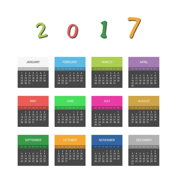 2017 Diseño colorido del calendario con diferentes colores para cada mes — Vector de stock