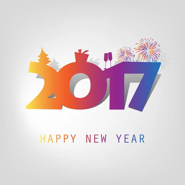 Jednoduché barevné novoroční přání, kryt nebo pozadí šablony návrhu s vánoční strom, dárkové krabice, pití sklenice a Fireworks ikony - 2017 — Stockový vektor