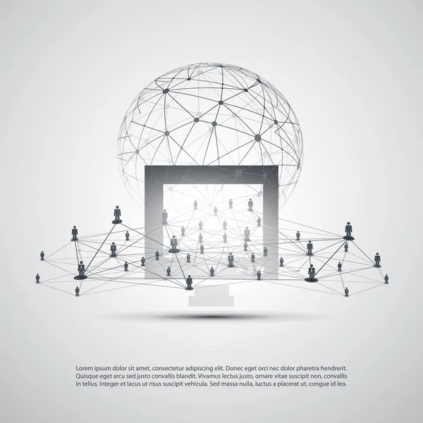 Cloud Computing and Networking Concept, Global Digital Network, Technology Background, Creative Design Template with Business Connections, Esfera de Wireframe Cinza Geométrica Transparente —  Vetores de Stock