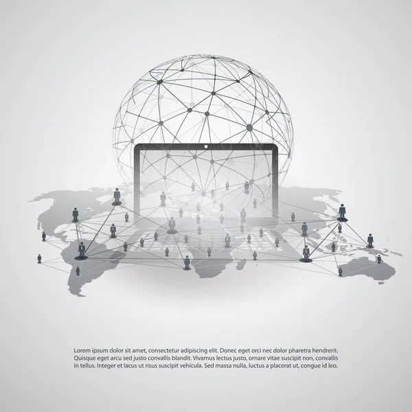 Computação em nuvem abstrata e design de conceito de conexões de rede global com malha geométrica transparente e caderno —  Vetores de Stock