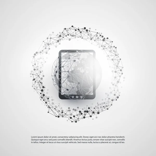 Computação em nuvem abstrata e design de conceito de conexões de rede global com globo terrestre, tablet digital, dispositivo móvel sem fio, malha geométrica transparente — Vetor de Stock