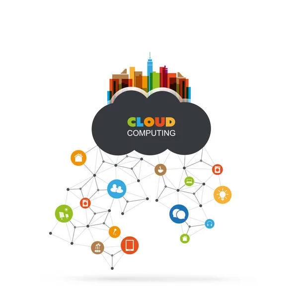Kleurrijke Cloud Computing Design Concept met pictogrammen - digitale netwerkverbindingen, technische achtergrond — Stockvector