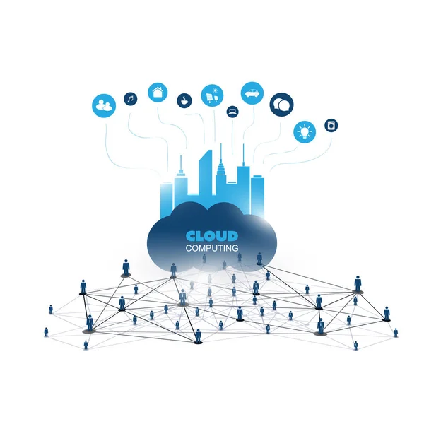 Cloud Computing Designkonzept mit Symbolen und Netzwerkrahmen - digitale Netzwerkverbindungen, technologischer Hintergrund — Stockvektor