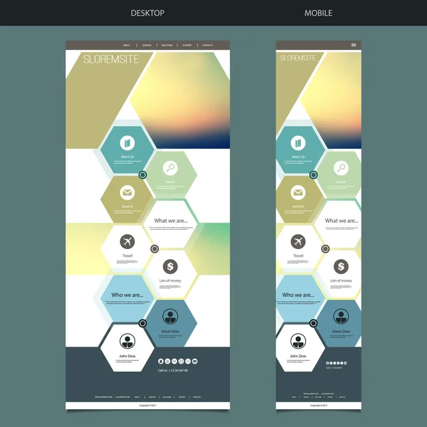 Plantilla de sitio web de una página con fondo borroso - Sunset Sky Header Design, Patrón hexagonal - Escritorio y versión móvil — Archivo Imágenes Vectoriales