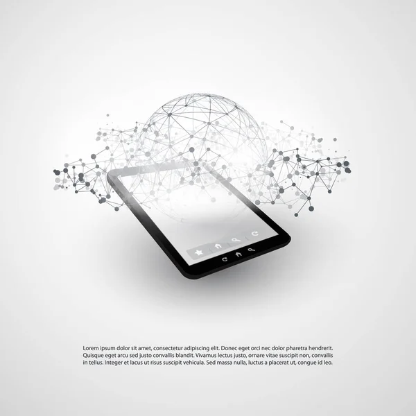 Computación en nube abstracta y diseño de conceptos de conexiones globales de red con Tablet PC, dispositivo móvil inalámbrico, malla geométrica transparente — Vector de stock