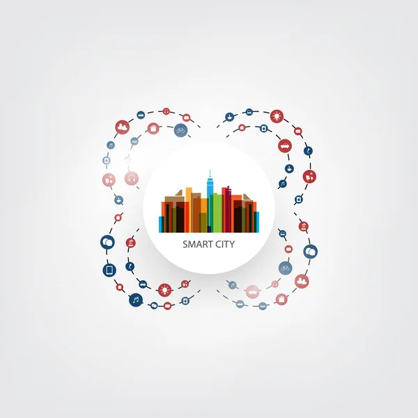 Conceito de Design de Cidade Inteligente Colorido com Ícones - Conexões de Rede Digital, Fundo de Tecnologia — Vetor de Stock