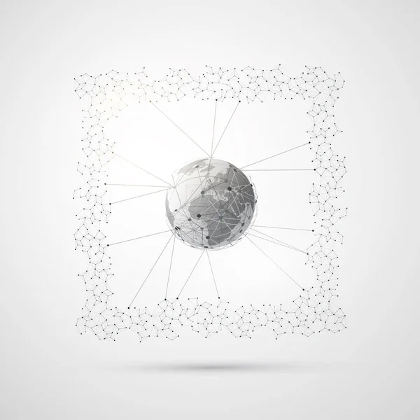 Computación en nube abstracta y diseño de conceptos de conexiones de red globales con malla geométrica transparente, marco de alambre cuadrado — Vector de stock
