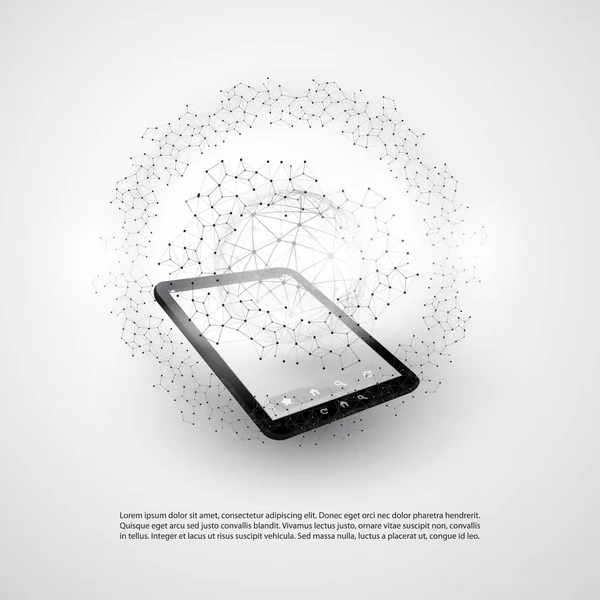 Computação em nuvem abstrata e design de conceito de conexões de rede global com tablet PC, dispositivo móvel sem fio, malha geométrica transparente —  Vetores de Stock