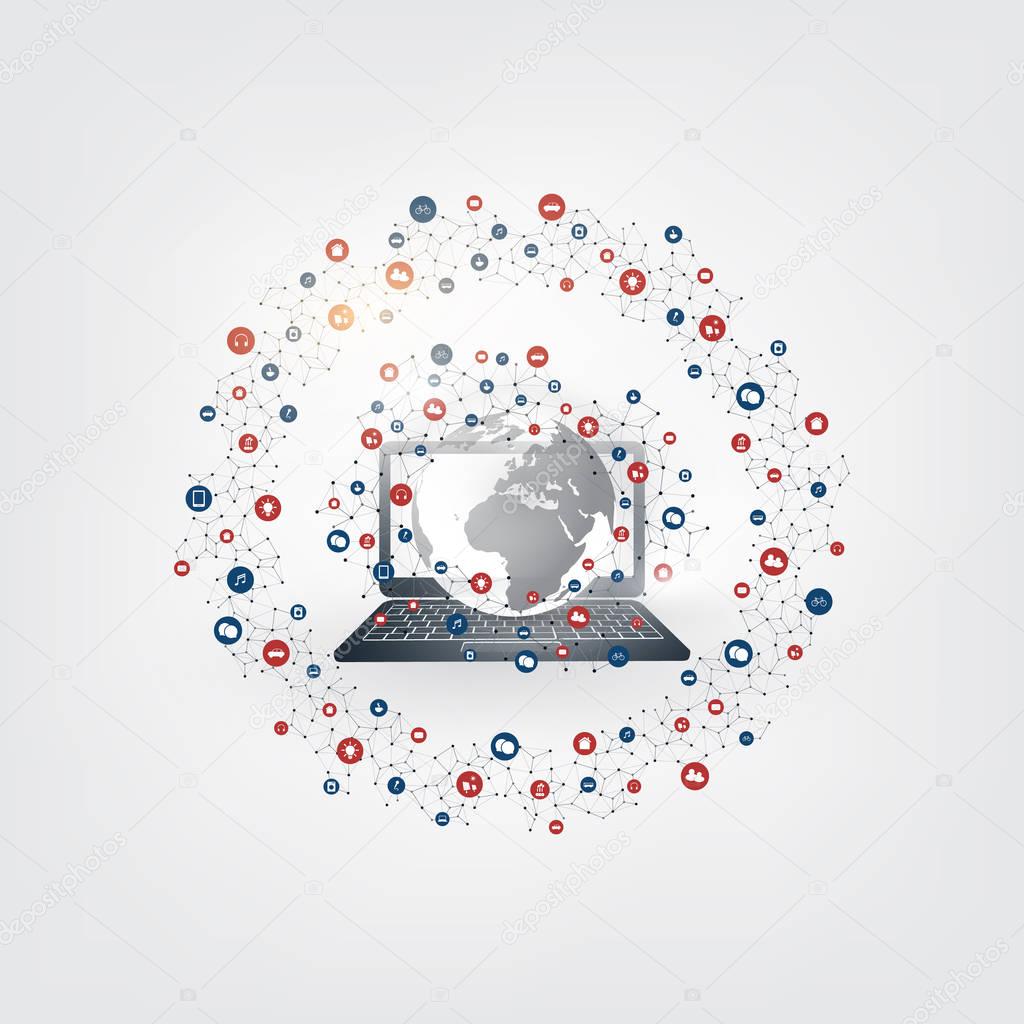 Colorful Internet of Things, Cloud Computing Design Concept with Icons - Digital Network Connections, Technology Background