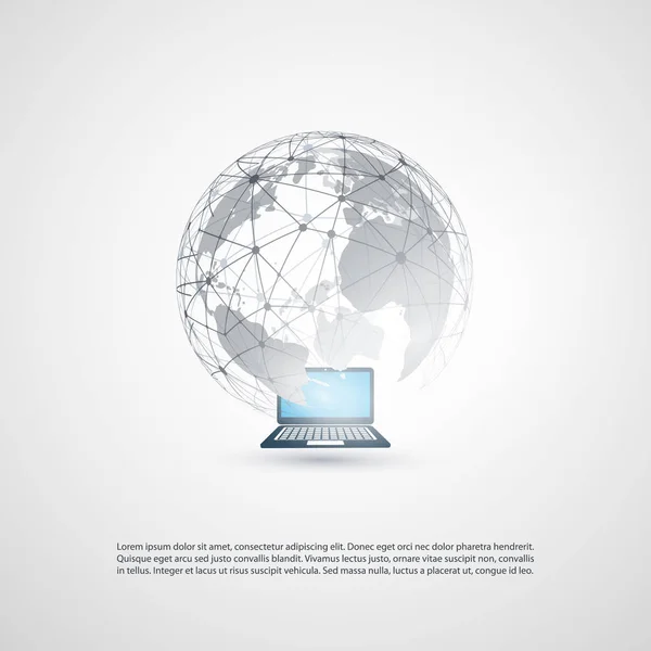 Abstract Cloud Computing en globale netwerk verbindingen conceptontwerp met Earth Globe, laptopcomputer, draadloos mobiel apparaat, transparante geometrische Mesh — Stockvector