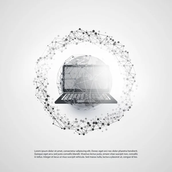 Computación en la nube abstracta y diseño de conceptos de conexiones de red global con globo terráqueo, computadora portátil, dispositivo móvil inalámbrico, malla geométrica transparente — Archivo Imágenes Vectoriales