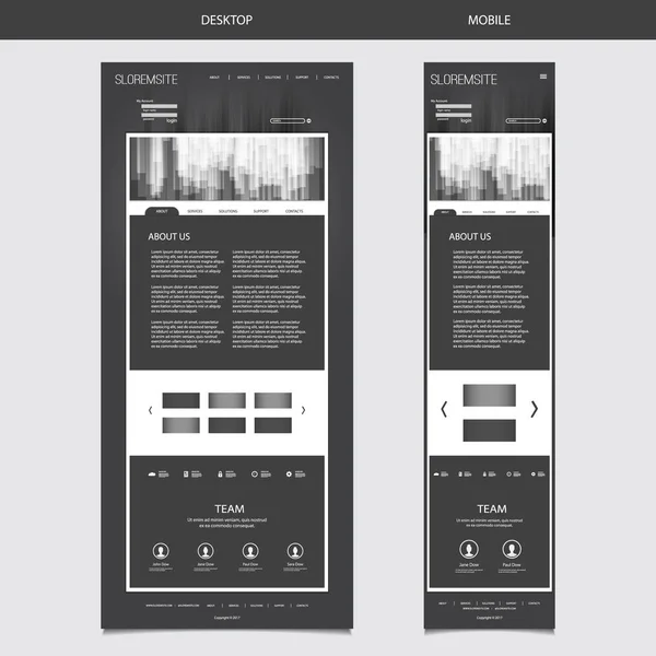 Responsieve One Page Website sjabloon met onscherpe achtergrond - strepen patroon Header Design - Desktop- en mobiele versie — Stockvector