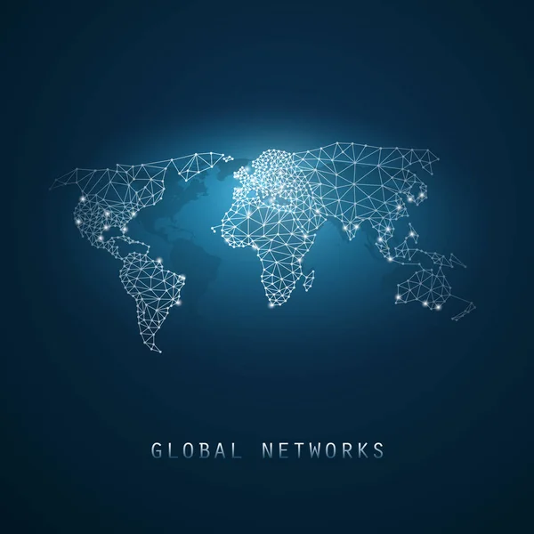 Cloud Computing e reti con mappa del mondo - Connessioni di rete digitali globali astratte, Concetto di tecnologia di sfondo, Modello di elemento di progettazione creativa con rete metallica, Mappa del mondo — Vettoriale Stock