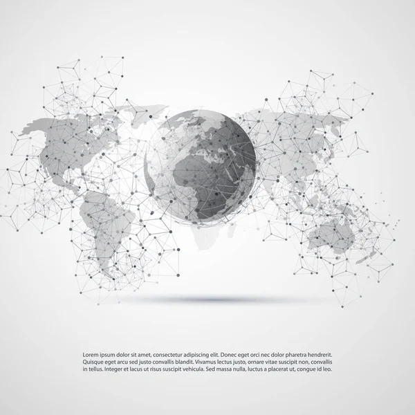 Computação em nuvem abstrata e design de conceito de conexões de rede global com malha geométrica transparente, globo terrestre — Vetor de Stock