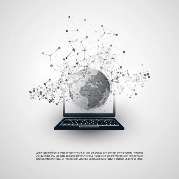 Résumé Cloud Computing et Global Network Connections Concept Design with Earth Globe, Notebook, Appareil mobile sans fil, Maille géométrique transparente - Illustration en format vectoriel modifiable — Image vectorielle