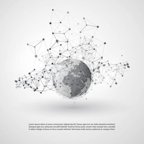 Abstract Cloud Computing and Global Network Connections Concept Design with Transparent Geometric Mesh, Earth Globe - Illustration in Editable Vector Format 