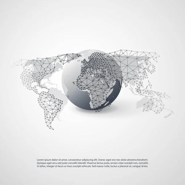 Cloud Computing and Networks Concept with World Map - Global Digital Network Connections, Technology Background, Creative Design Template with Transparent Geometric Grey Wire Mesh - Stok Vektor