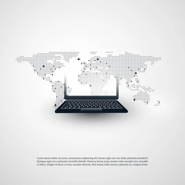 Computação em nuvem abstrata e projeto de conceito de rede global com laptop, dispositivo móvel sem fio, mapa do mundo manchado transparente —  Vetores de Stock