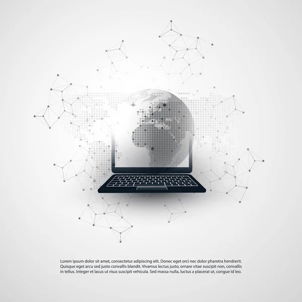 Computación en nube abstracta y diseño de conceptos de conexiones globales de red con computadora portátil, globo terráqueo, dispositivo móvil inalámbrico, malla geométrica transparente — Archivo Imágenes Vectoriales