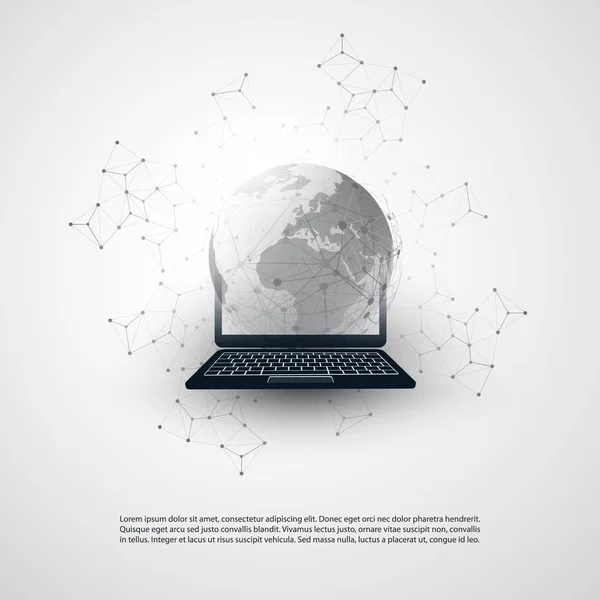 Abstract Cloud Computing en globale netwerk verbindingen conceptontwerp met Laptop, Earth Globe, draadloos mobiel apparaat, transparante geometrische Mesh — Stockvector