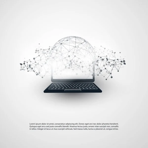 Computación en nube abstracta y diseño de conceptos de conexiones globales de red con malla geométrica transparente y cuaderno — Vector de stock