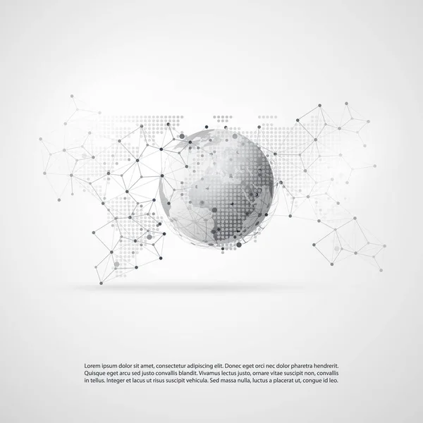 Computação em nuvem abstrata e design de conceito de conexões de rede global com malha geométrica transparente, globo terrestre — Vetor de Stock