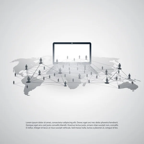 Redes - Conexiones de negocios - Computación en la nube abstracta y conexiones de red global Concepto de diseño con mapa del mundo y cuaderno — Vector de stock