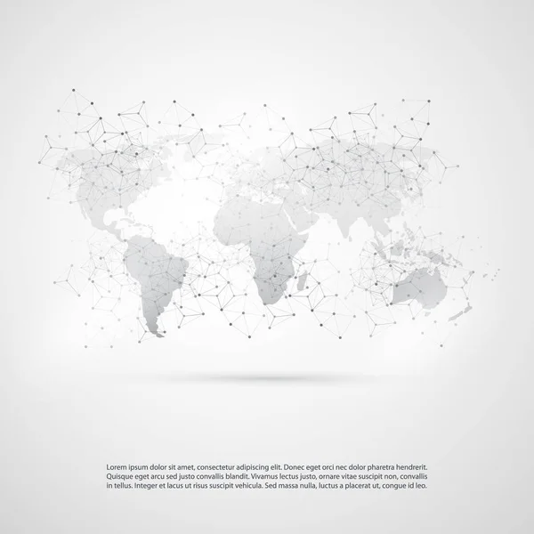 Computación en la nube y redes con mapa del mundo - Conexiones de red digitales globales abstractas, Antecedentes del concepto de tecnología, Plantilla de elementos de diseño creativo con malla de alambre gris geométrica transparente — Vector de stock