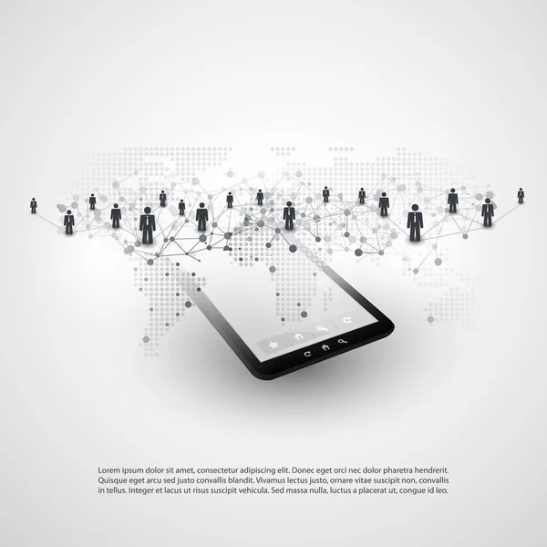 Redes - Conexiones de negocios - Computación en la nube abstracta y conexiones de red global Concepto de diseño con mapa del mundo y tableta — Archivo Imágenes Vectoriales
