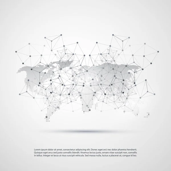 Computación en la nube y redes con mapa del mundo - Conexiones de red digitales globales abstractas, Antecedentes del concepto de tecnología, Plantilla de elementos de diseño creativo con malla de alambre gris geométrica transparente — Archivo Imágenes Vectoriales