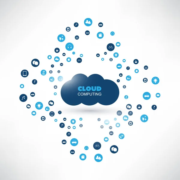 Designkonzept für Cloud Computing mit Symbolen - digitale Netzwerkverbindungen, technologischer Hintergrund — Stockvektor