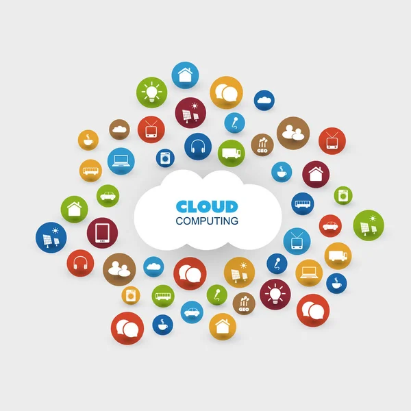 Kleurrijke Cloud Computing Design Concept met pictogrammen - digitale netwerkverbindingen, technische achtergrond — Stockvector