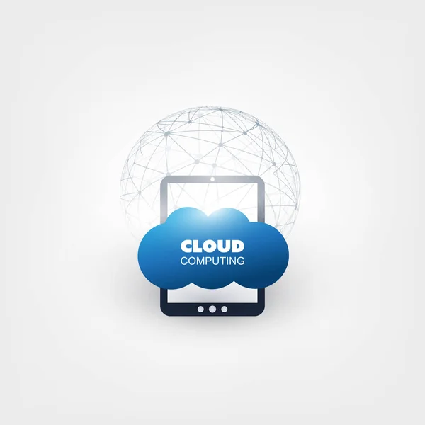 Cloud Computing Design Concept con Wireframe Globe - Connessioni di rete digitali, Sfondo tecnologico — Vettoriale Stock