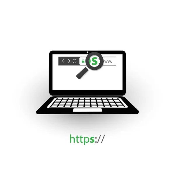 HTTPS протокол - Безопасные и безопасные сети, просмотр на мобильном компьютере — стоковый вектор