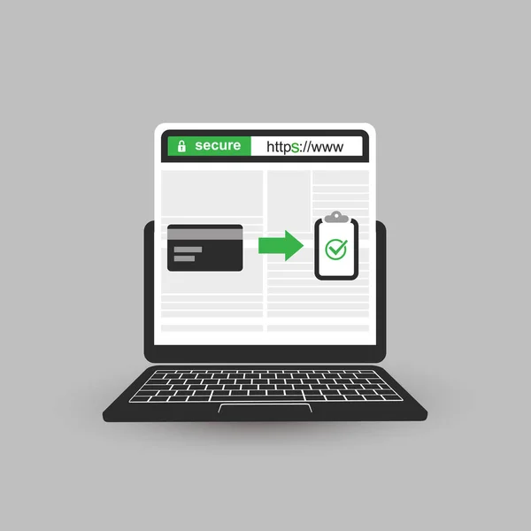Protocolo HTTPS - Navegación segura y segura y compras en línea en el ordenador móvil — Vector de stock
