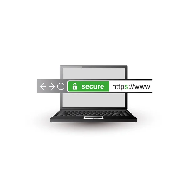 HTTPS протокол - Безопасные и безопасные сети, просмотр на мобильном компьютере — стоковый вектор