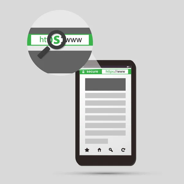 Protocole HTTPS - Navigation sûre et sécurisée sur téléphone mobile et tablette — Image vectorielle