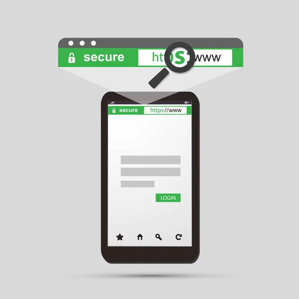 HTTPS протокол безпечний і безпечний перегляд на мобільному телефоні і планшеті — стоковий вектор