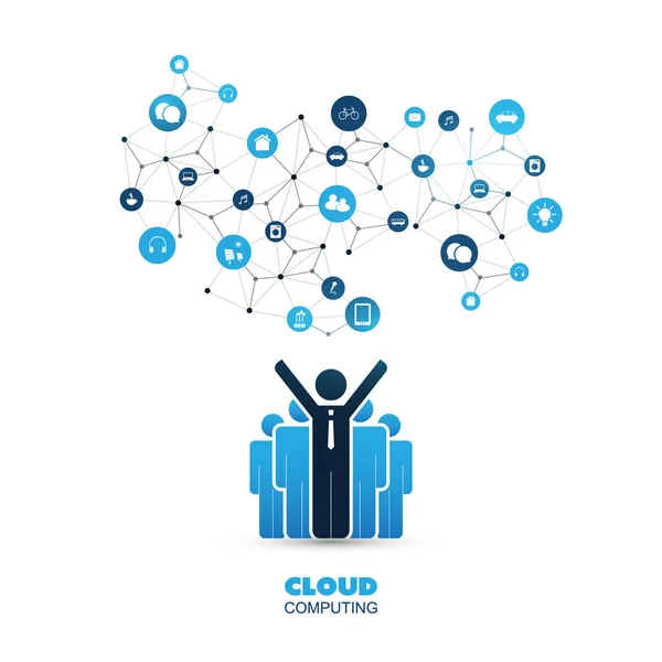 Cloud Computing Designkonzept mit zufriedenen Geschäftsleuten und Ikonen - digitale Netzwerkverbindungen, technologischer Hintergrund — Stockvektor