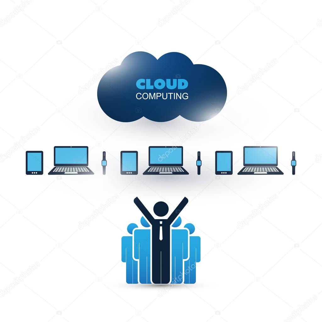 Cloud Computing Design Concept with a Happy Standing Happy Business Man and Group of People - Digital Network Connections, Technology Background
