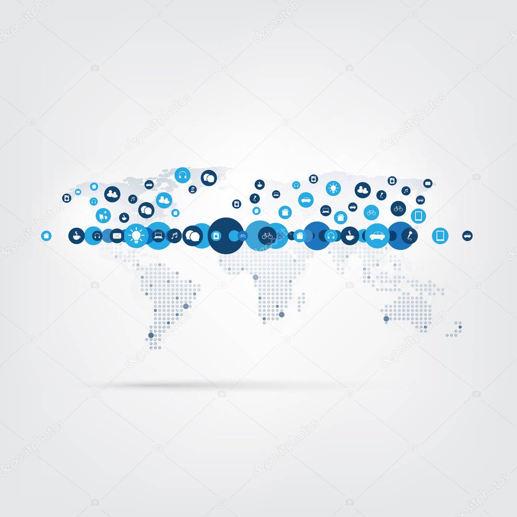 Internet of Things, Smart Devices, Cloud Computing Design Concept with World Map and Icons - Global Digital Network Connections, Technology Background