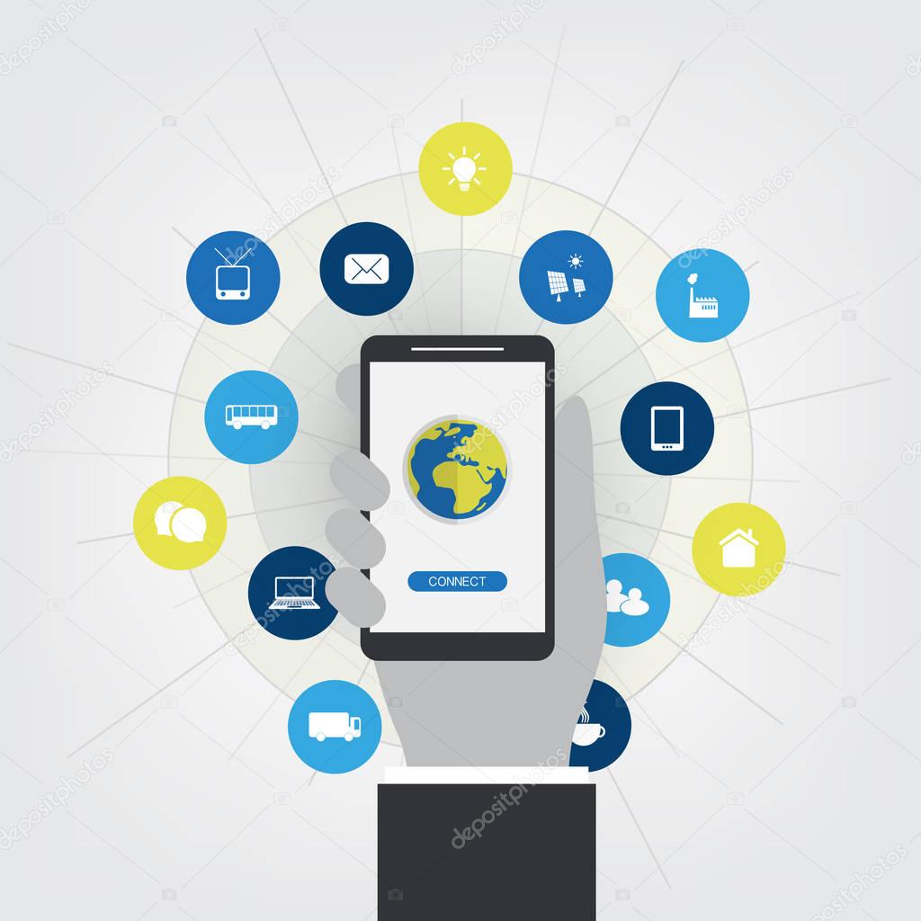 Colorful Internet of Things, Cloud Computing Design Concept with Icons - Digital Network Connections, Technology Background