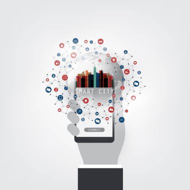 Renkli akıllı şehir, tasarım konsepti simgeler - dijital ağ bağlantıları, teknolojik altyapı ile bulut 